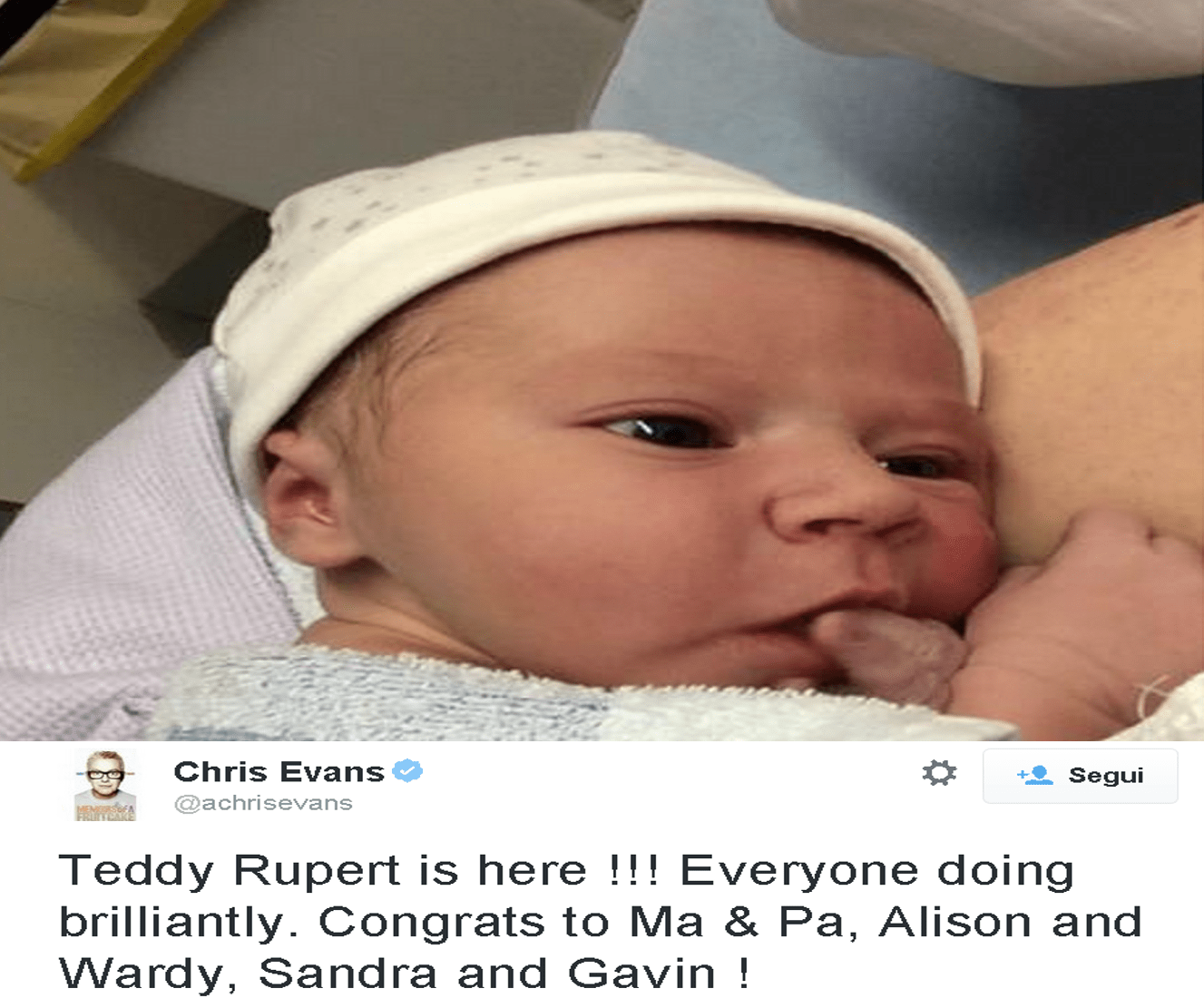 Chris Evans nonno per la prima volta: il presentatore inglese accoglie il piccolo Teddy