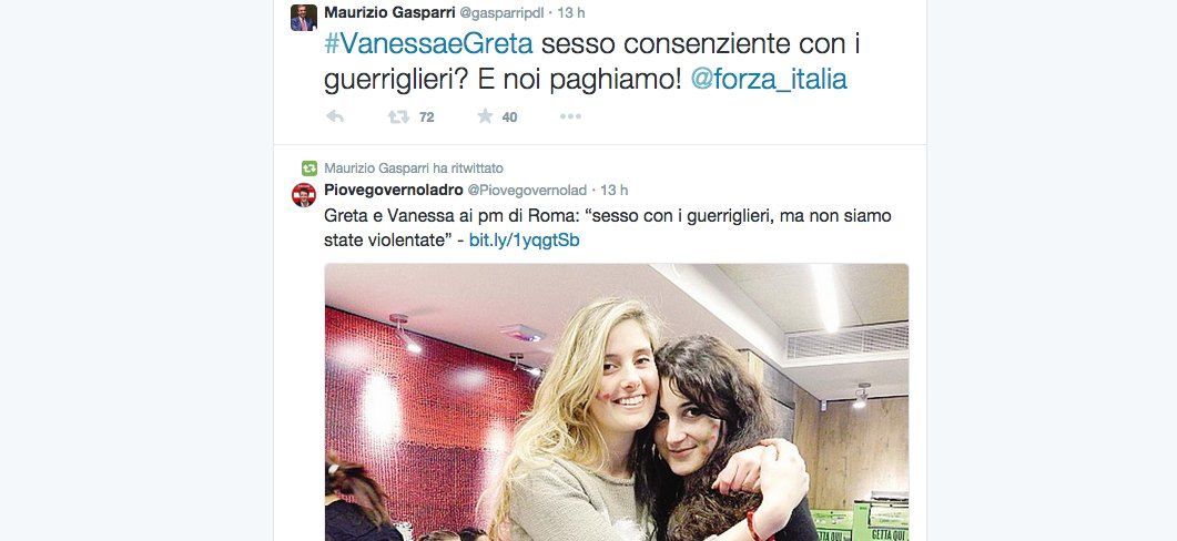 Maurizio Gasparri nella bufera dopo il tweet su Greta e Vanessa
