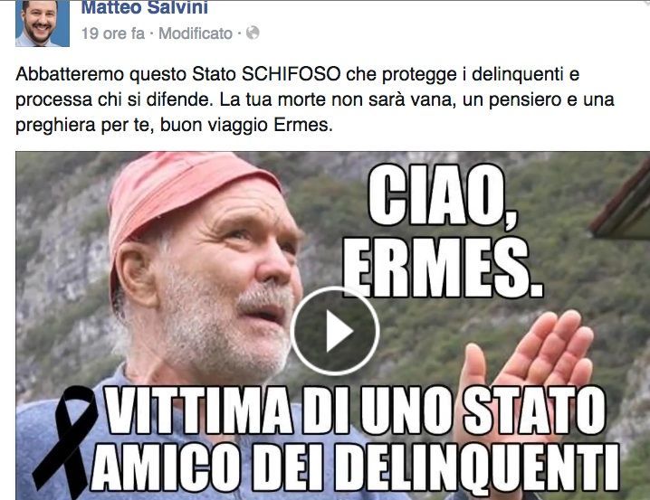Ermes Mattielli morto, la rabbia di Salvini: “Vittima dello Stato amico dei delinquenti”