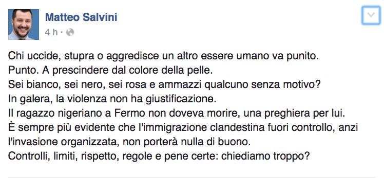 Nigeriano ucciso a Fermo, Salvini: ‘Colpa dell’invasione organizzata’