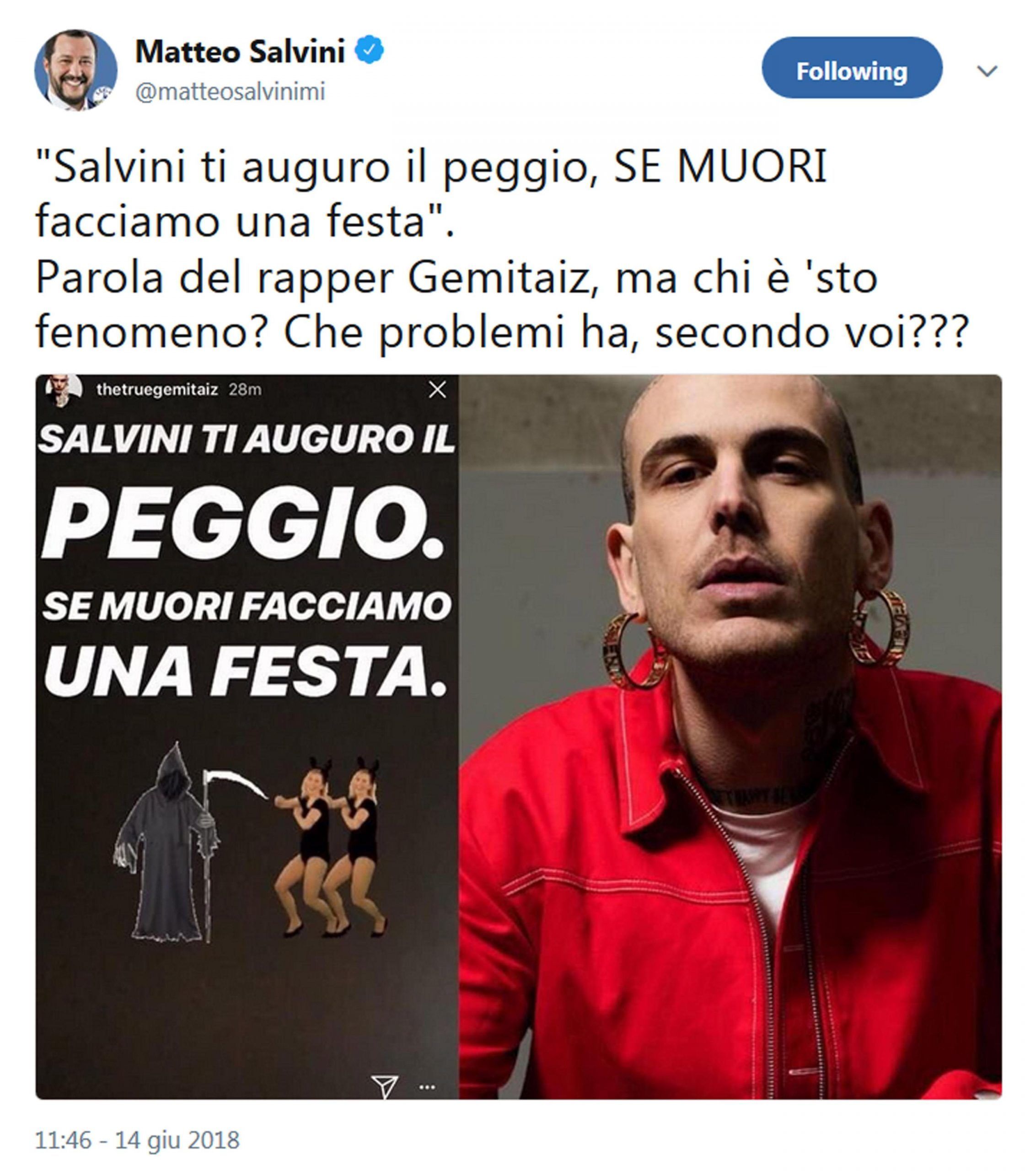 Salvini,rapper Gemitaiz si augura che muoia,che problemi ha?