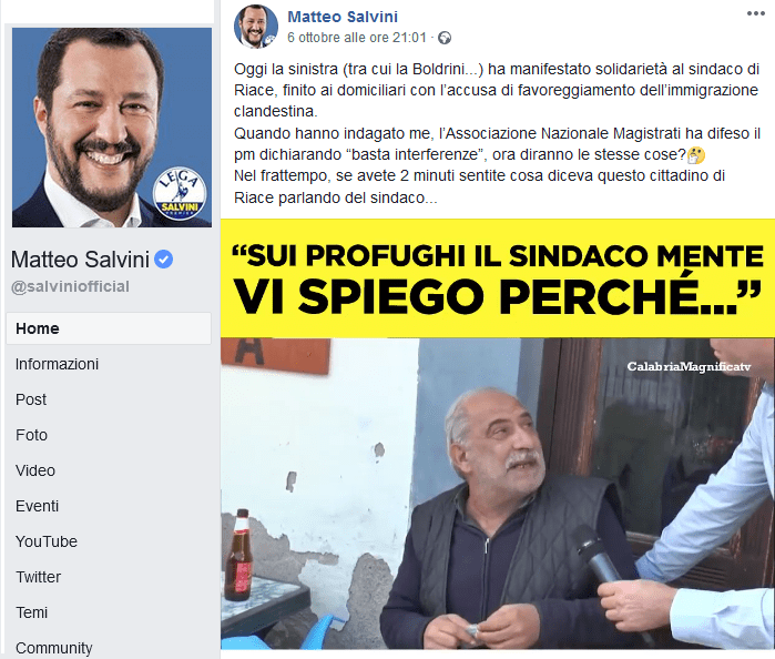 Salvini contro il sindaco di Riace posta il video di un prestanome della ‘ndrangheta