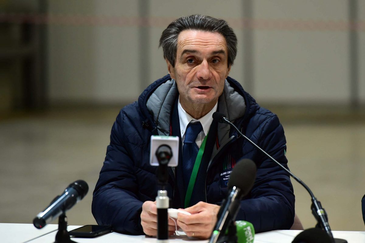 Attilio Fontana, Governatore della Regione Lombardia, parla durante la conferenza stampa di presentazione del progetto durante l'epidemia di coronavirus il 16 marzo 2020 a Milano, Italia