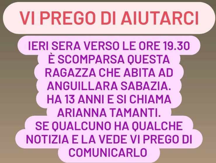 Annuncio pubblicato sui social per le ricerche della 13enne