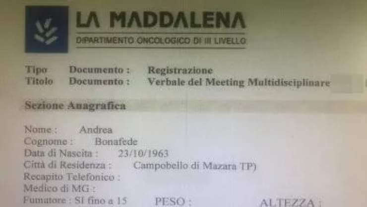 Documento della clinica dove Messina Denaro fu operato