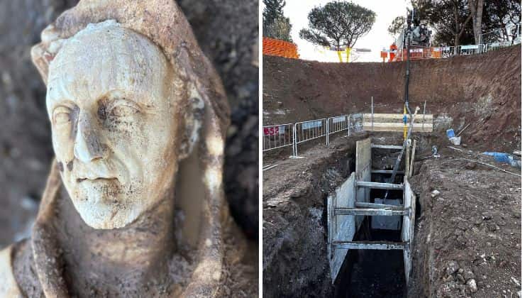 La statua e gli scavi nel Parco Archeologico
