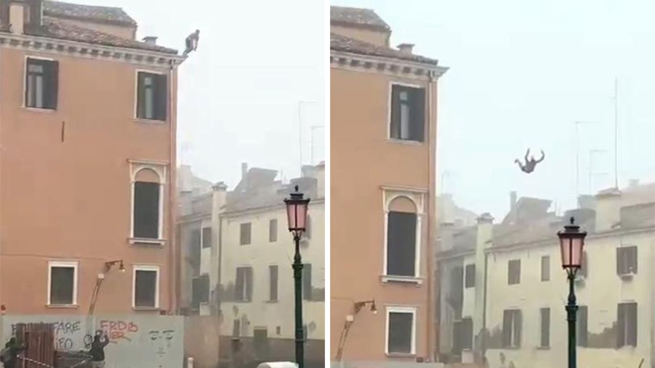 Due frame dal video del tuffo a Venezia
