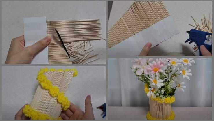 Květinové držáky s dřevěnými tyčinkami a přízí