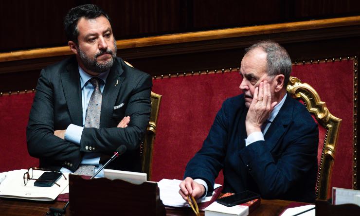 Matteo Salvini e Roberto Calderoli in Aula