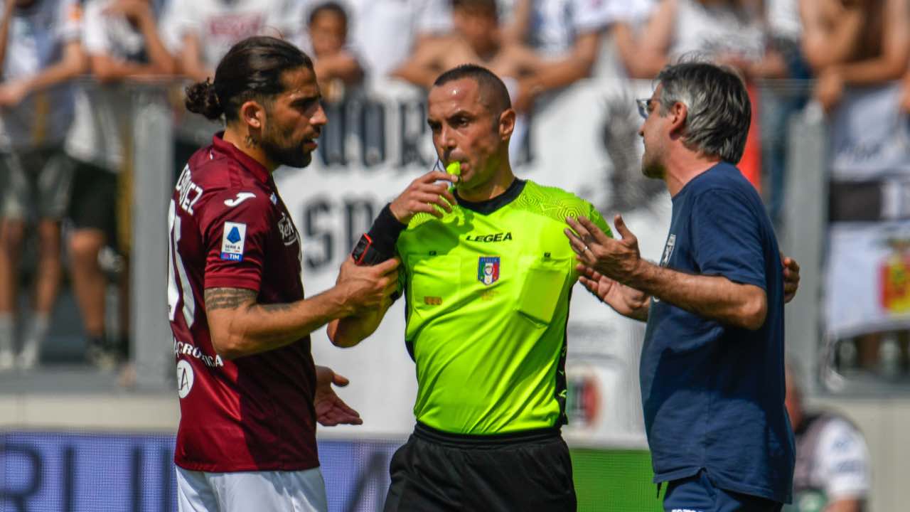 Spezia-Torino, Rodriguez, Juric e l'arbitro Guida
