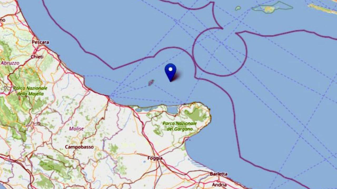 L'epicentro della scossa di terremoto al largo delle Tremiti