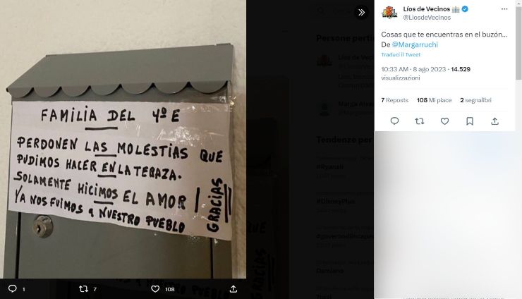 Il bizzarro biglietto di scuse diretto ai vicini Il bizzarro biglietto di scuse diretto ai vicini